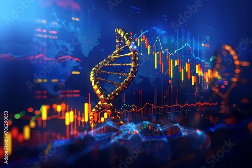 DNA double helix entwined with a stock chart, symbolizing the genetic code of financial markets