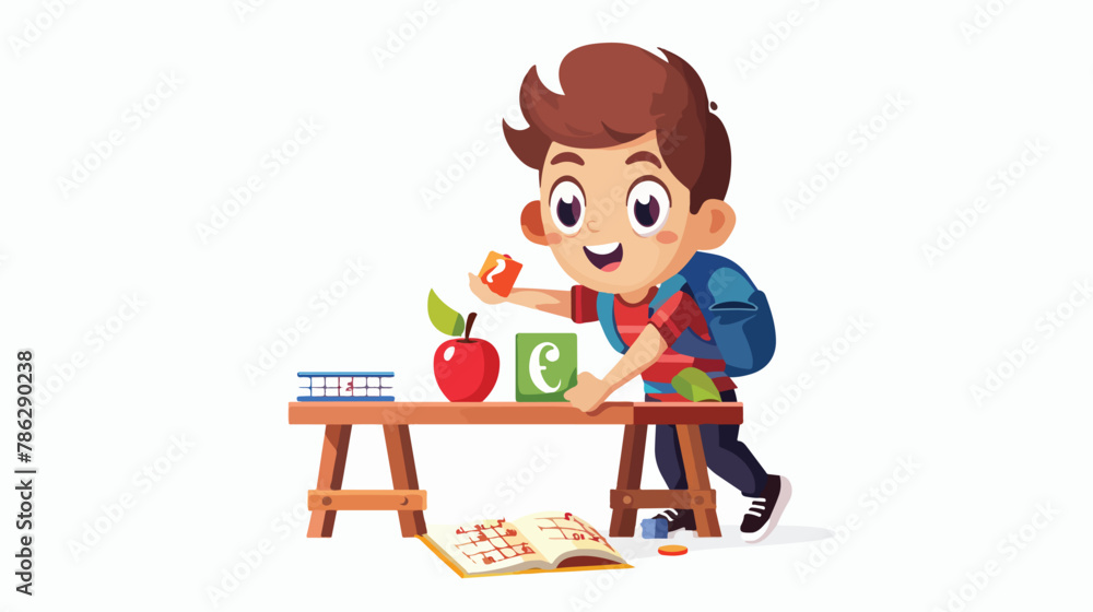 Cute little kid study math number count apple flat vector