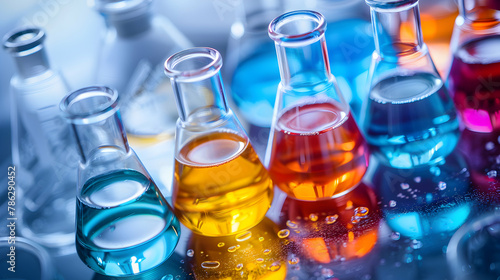 Colorful chemical solutions in glass flasks in a modern scientific research laboratory

