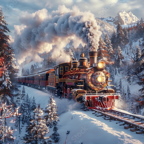 A vintage steam locomotive chugging through a snowy landscape, steam billowing from its chimney
