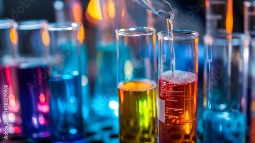 Vibrant test tubes with colorful chemical liquids in a scientific laboratory setting

