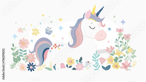 Cute magical unicorn and Flowers. Vector design isolated