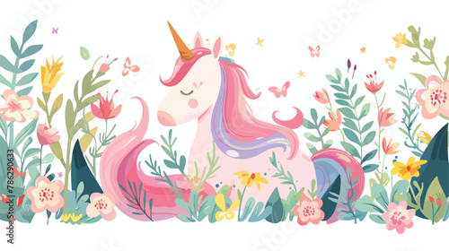 Cute magical unicorn and Flowers. Vector design isolated