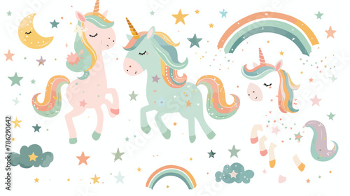 Cute magical unicorn and rainbow. Vector design isolated