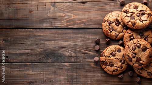 Stack of chocolate chip cookies on wood table, staple food, baked goods photo
