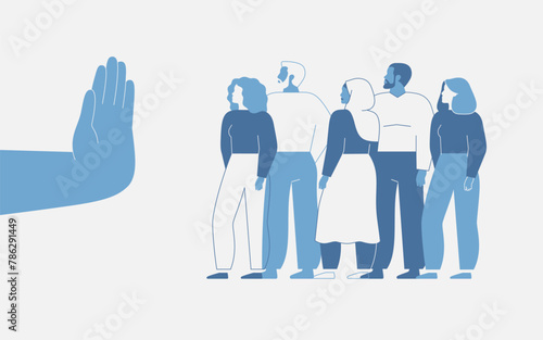 Discrimination in the workplace. Restricting or closing borders to global diversity and immigration. Human hand shows stop gesture for crowd of people. Vector illustration