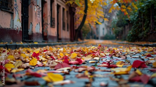 Autumn leaves blanket the cobblestone street in the morning