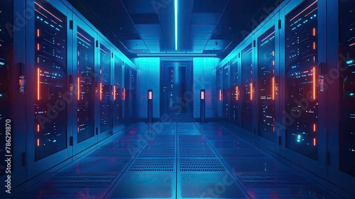 Quantum computing security room, glowing qubits, dim ambient lighting, frontal view, secure tech atmosphere