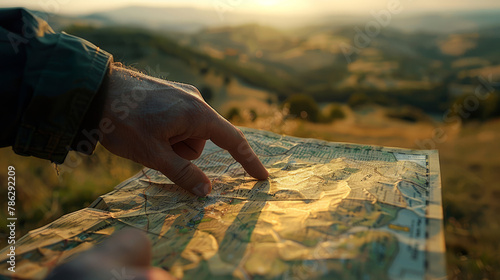 Close view of fingers tracing a path on a paper map against a rural landscape