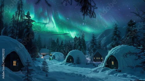 Snowy igloo village  Northern Lights above  serene night  wide shot