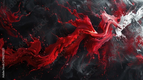 dynamic and dramatic interaction between red and white liquid substances