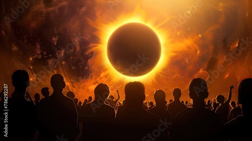 Solar eclipse party, silhouette crowd, cosmic backdrop, front view