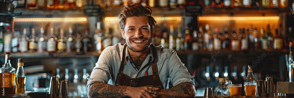 Confident Bartender With Charismatic Smile Behind Modern Bar Confident Bartender With Charismatic Smile Behind Modern Bar