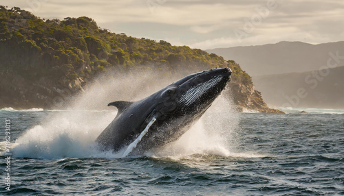 水しぶきを上げてジャンプする巨大なクジラ