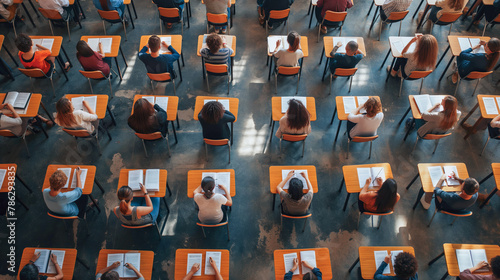 A classroom full of students sitting at desks with books and pencils. Scene is focused and studious