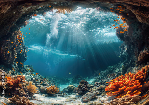 A underwater cave with vibrant coral reefs.