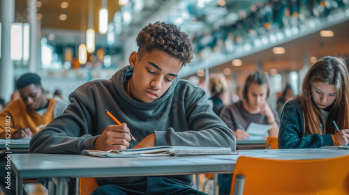 A young man is writing with a pencil at a desk in a classroom. He is surrounded by other students who are also writing. Scene is focused and studious, as everyone is working on their assignments photo