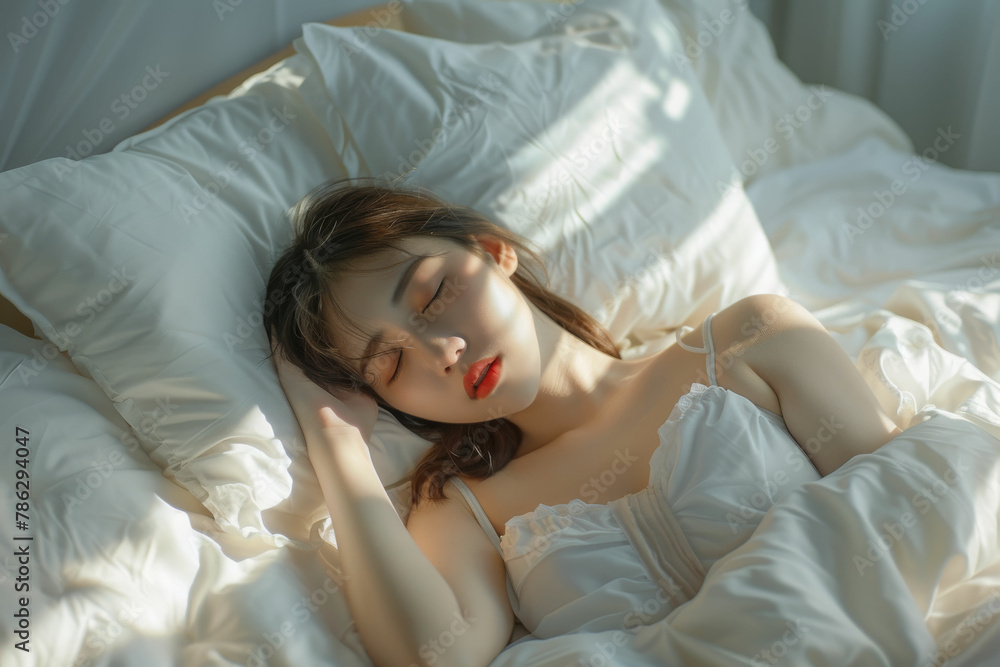 a woman laying in bed with her eyes closed a woman laying in bed with her eyes closed