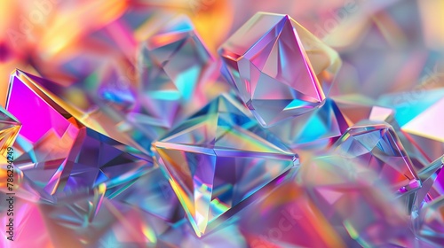 Geometric crystal background with iridescent texture and faceted gem in 3D.