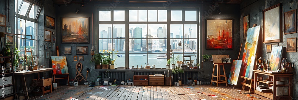 An artist's loft, filled with canvases, paints, and brushes, with a large window overlooking the city. 