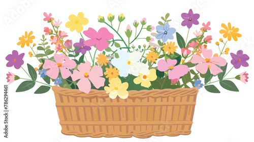 Delicate flowers in a basket flat vector isolated on white