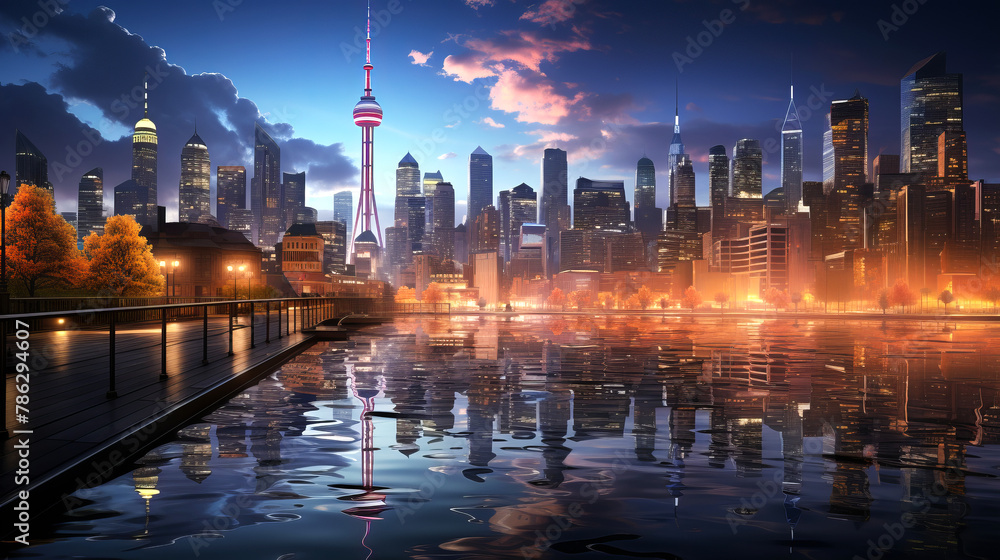 Fototapeta premium A cityscape at dusk with rain-soaked street reflecting city lights, capturing the urban charm and atmosphere of April showers in the evening.