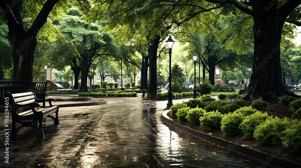 Springtime rainy day park scene with green trees and puddles forming on pathways, showcasing the natural beauty of April showers.