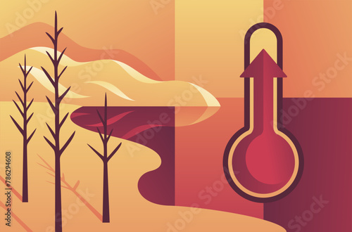 Climate Change - landscape with rising thermometer