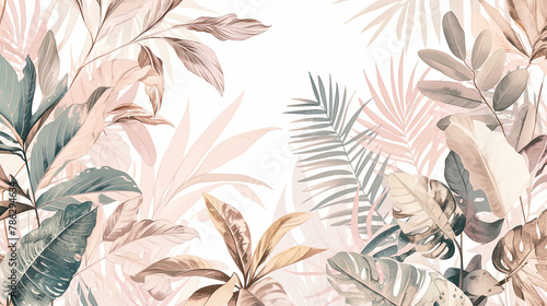 Abstract background with tropical trees and leaves of palm, monstera in soft pastel colors