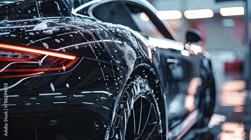 Close-up of luxury black car during premium wash service © volga