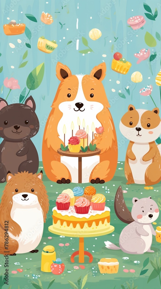 Fototapeta premium Birthday greetings ensemble vector, animals with treats, clear festive background