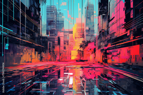 A fragmented, pixelated drawing of a modern cityscape with vibrant neon colors.
