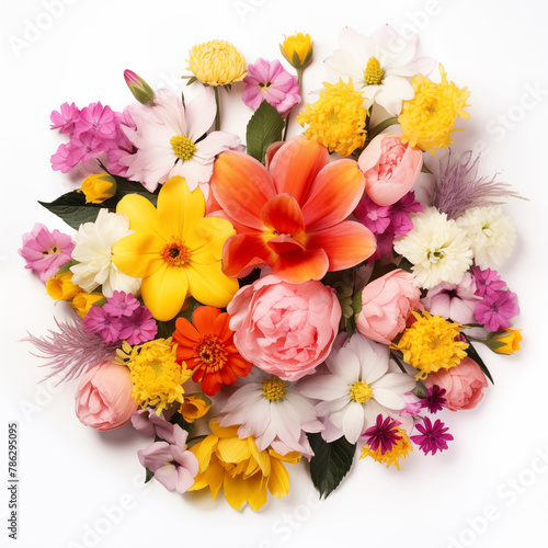 Top view of a colorful round arrangement of fresh and beautiful flowers on a white background.