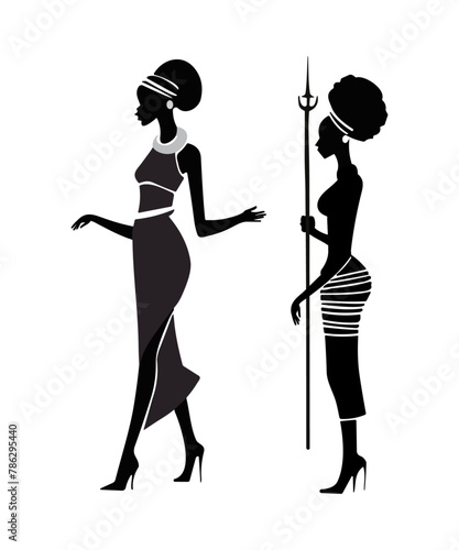 Silhouettes of black skinned African women standing, vector design featuring the culture of Africa.