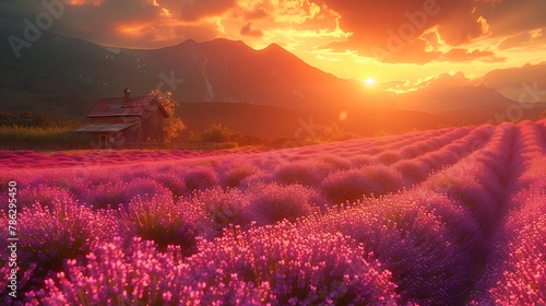 An expansive lavender field blooming under a golden sunset  with a picturesque farmhouse in the distance