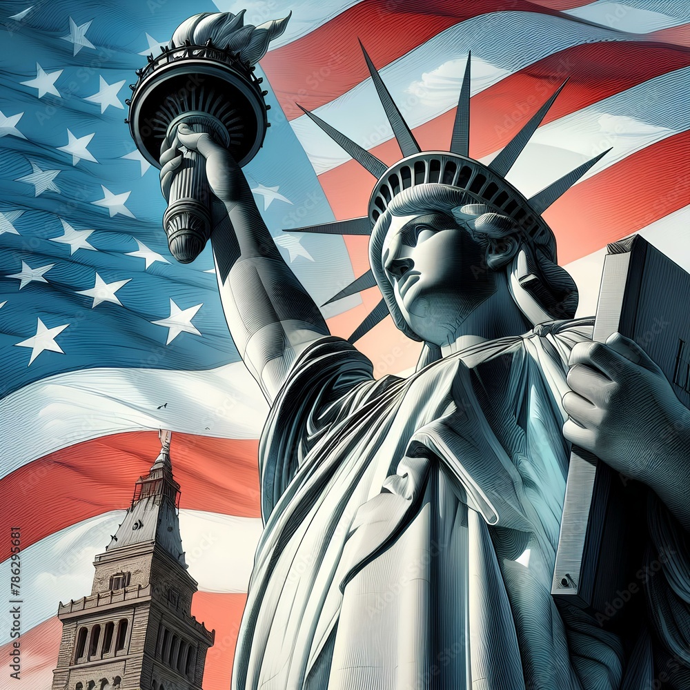 Obraz premium realistic drawing of the statue of liberty and the flag of the united states in the background