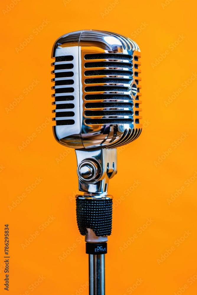 Fototapeta premium Photo from a retro microphone before solid colored orange background. 