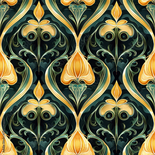 Brocade style colorful fabric pattern close image.