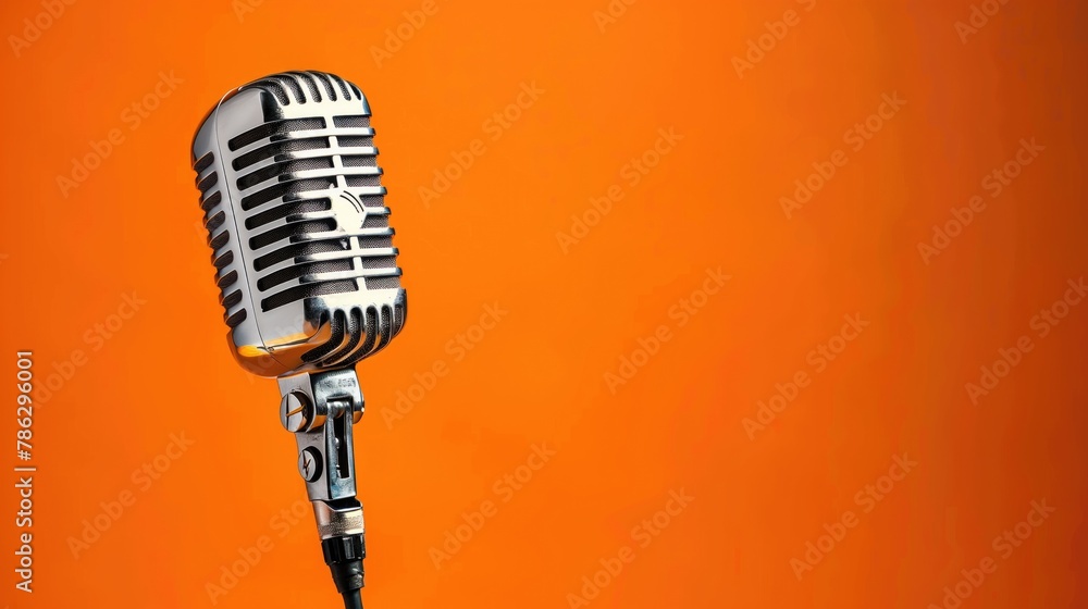 Fototapeta premium Photo from a retro microphone before solid colored orange background. 