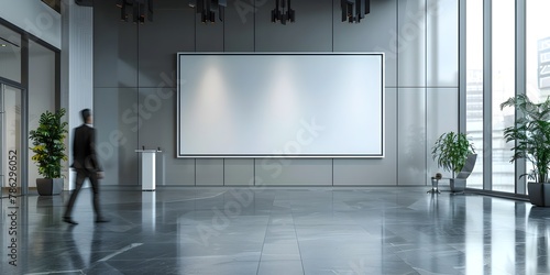 The modern corporate meeting room with a blank white billboard and a blurred businessman passing by an ideal setup for branding and advertising copy photo