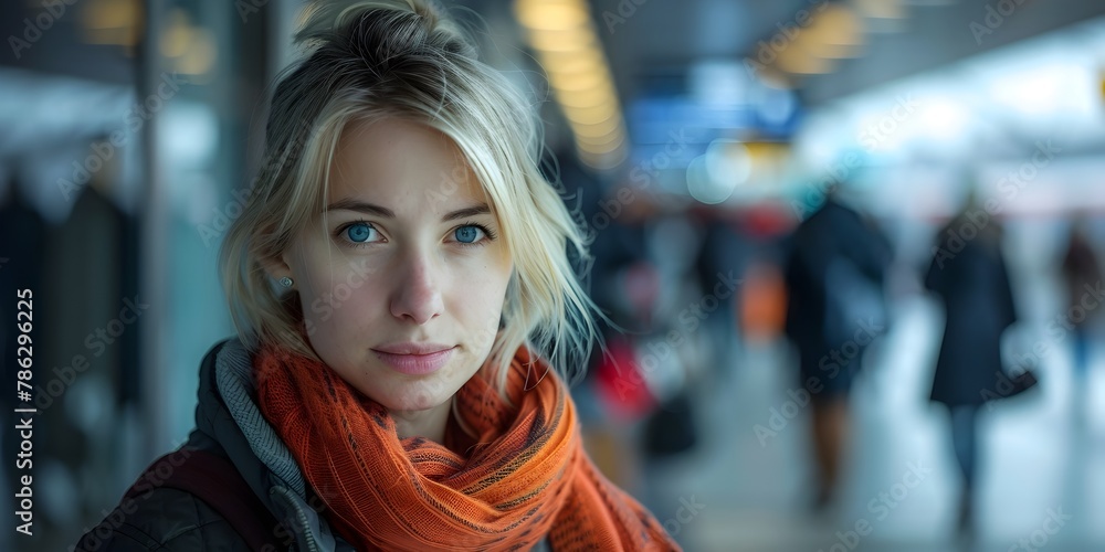 Calm Blonde Woman in Bustling Train Station with Bright Scarf
