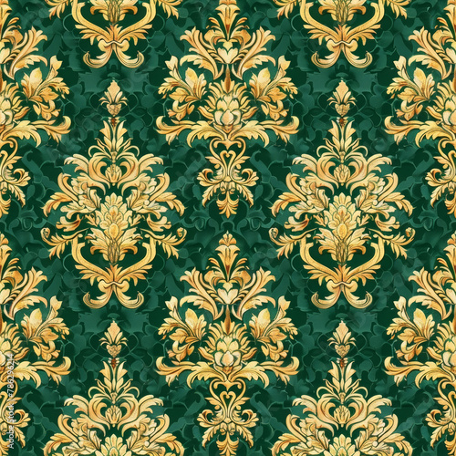 Brocade style colorful fabric pattern close image.