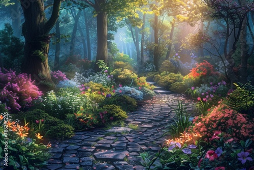 A stone pathway in a lush  magical forest  bathed in soft sunlight filtering through the trees  surrounded by vibrant  colorful flowers.