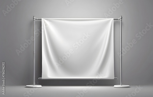 A white roll-up banner mockup stands against a gray wall, A White pop-up advertising display template design
