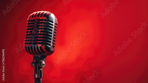 Photo from a retro microphone before solid colored red background. 