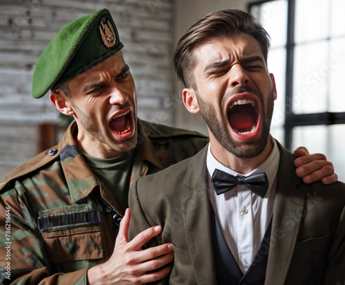 Modern man looking angry and raging as he doesn't want to join the military service. photo