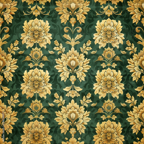 Brocade style colorful fabric pattern close image.