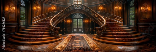 Luxurious Ascent  Elegant Spiral Staircase in Grand Mansion Adorned with Opulent Carpets and Ornate Banisters