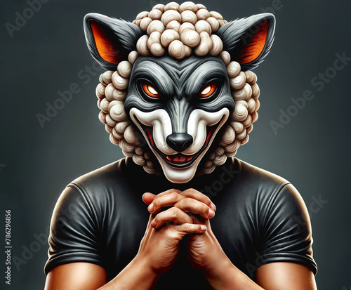 Evil wolf with sheep's skin planning something malicious. Digital illustration.