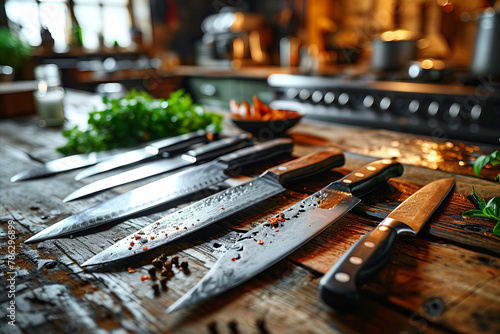 Chef s Culinary Tools  Close-up of knives on wooden surface of rustic kitchen table.